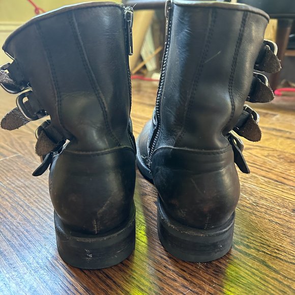 Frye Veronica Belted Buckle Shortie Moto Boot in Distressed Black/Brown - Picture 8 of 10